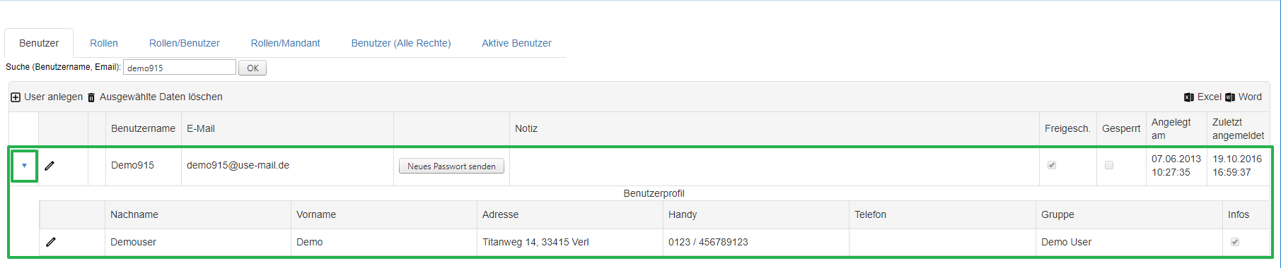 Administration - Benutzerverwaltung - Benutzer Details