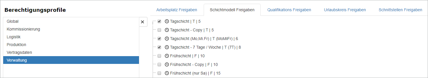 Administration - Benutzerverwaltung - Modulkonfiguratin - Mandant Benutzerprofile - Schichtmodelle