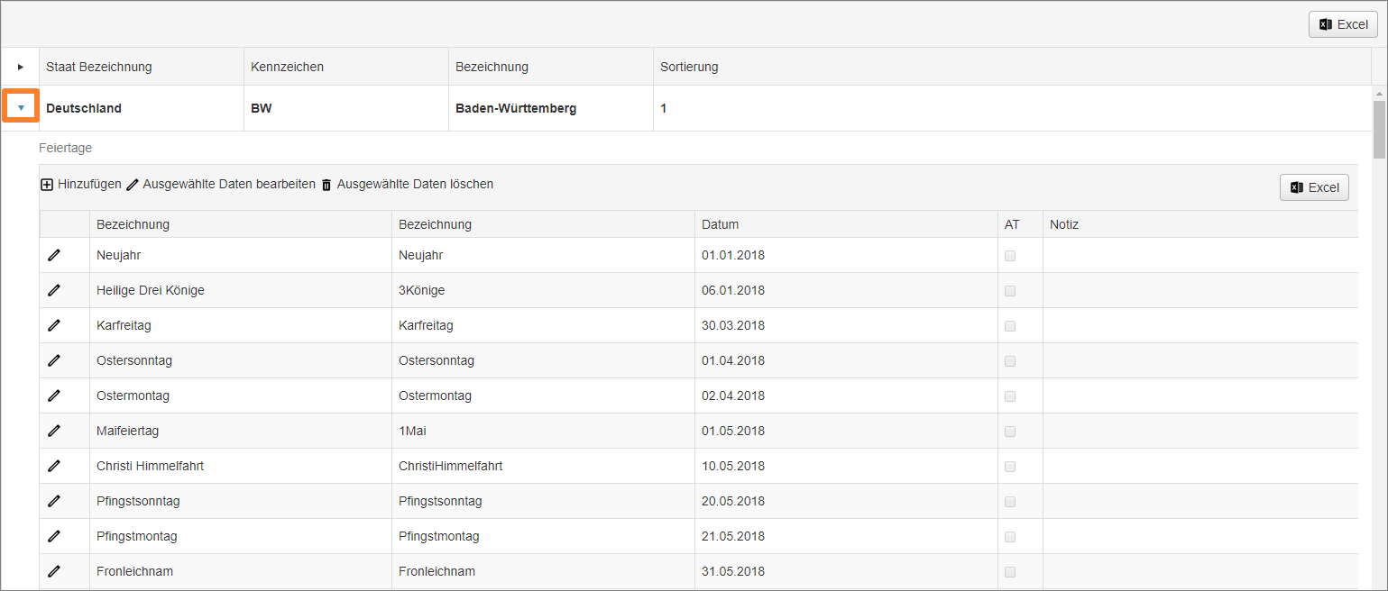 Administration - Modulkonfiguration - Kalender - Feiertage