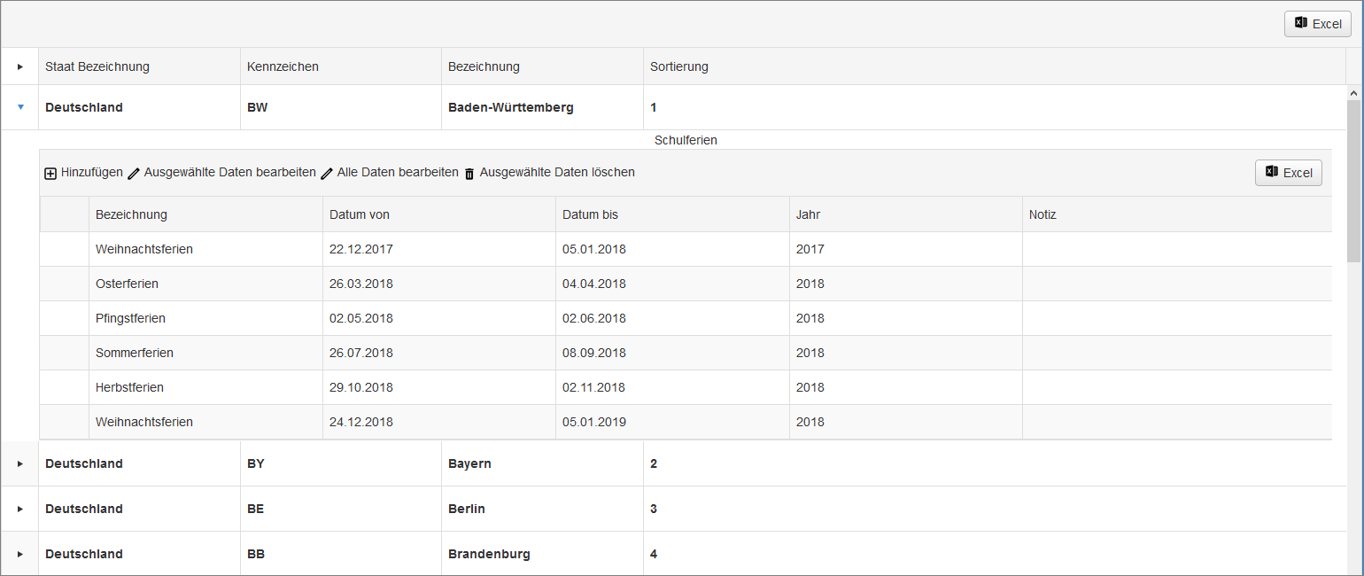 Administration - Modulkonfiguration - Kalender - Schulferien