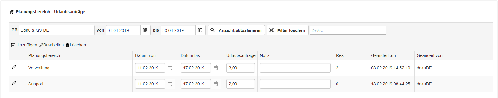 Grundlagen - Planungsbereich - Planungsbereich Urlaubsanträge