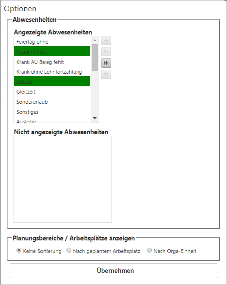 Planung - Abwesenheitsübersicht - Optionen