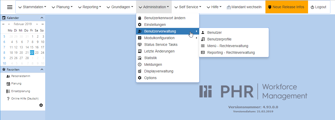 Administration - Benutzerverwaltung Menü