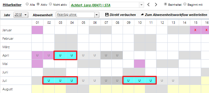 Planung - Abwesenheiterfassung - Anzeigeoptionen - gewertete Abwesenheiten