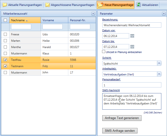 Planung - Planungsafrage via SMS - Neue Anfrage