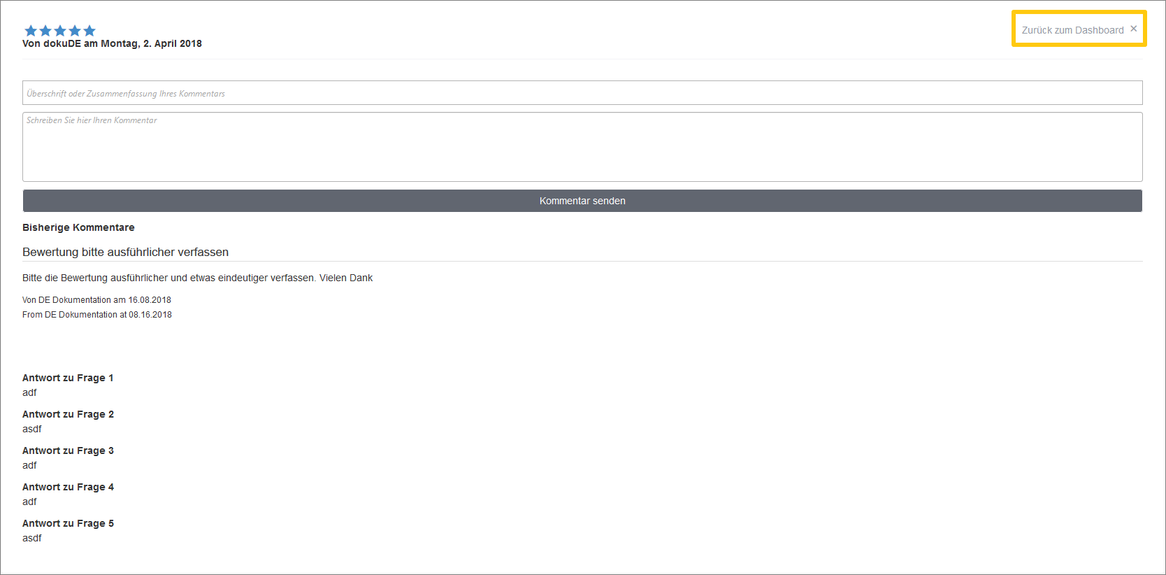 Reporting - Dashboard Bewertungen - Kommentar