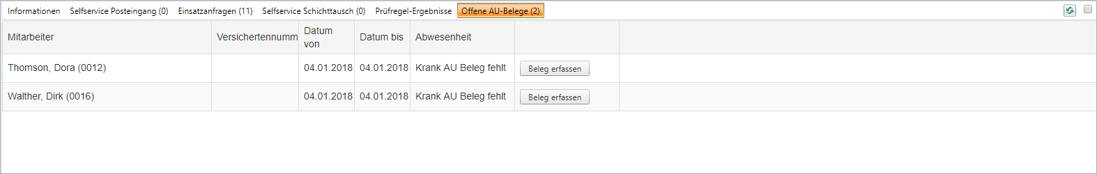 Informationsfenster - Offene AU Belege Informationsfenster - Offene AU Belege