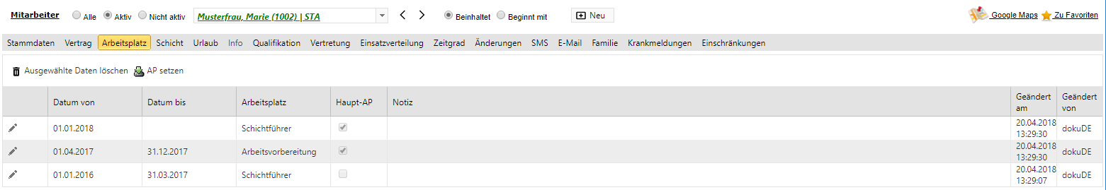 Stammdaten - Personalstamm - Arbeitsplatz