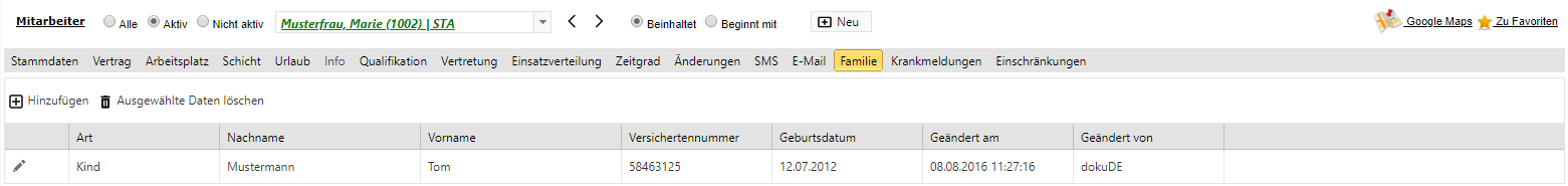 Stammdaten - Personalstamm - Familie - Familienmitglieder