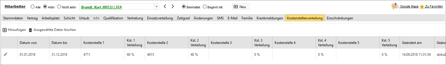 &nbsp;Stammdaten - Personalstamm - Kostenstellenverteilung