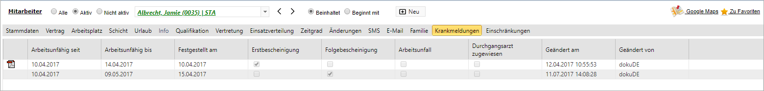 Stammdaten - Personalstamm - Krankmeldungen