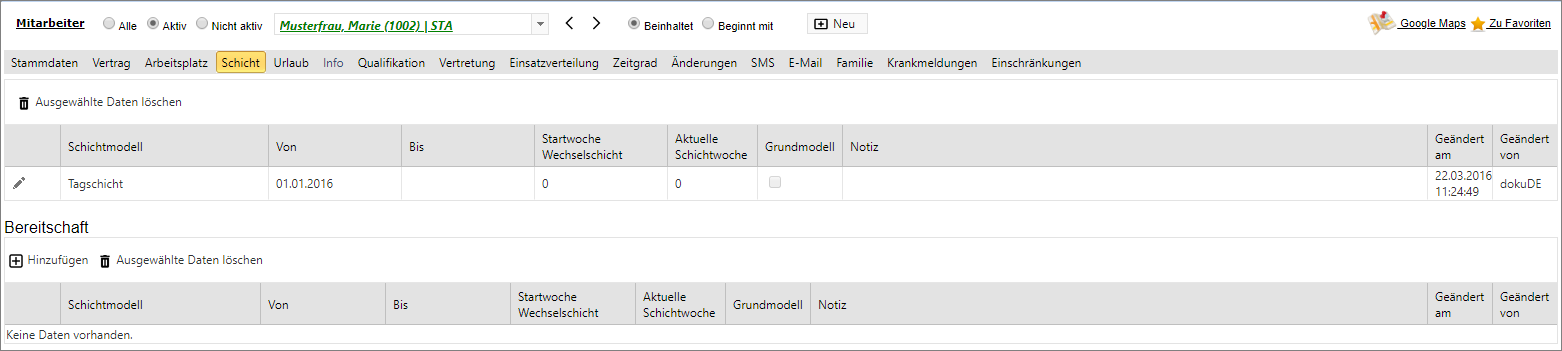 Stammdaten - Personalstamm - Schicht