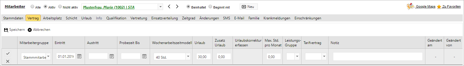 Stammdaten - Personalstamm - Vertrag bearbeiten