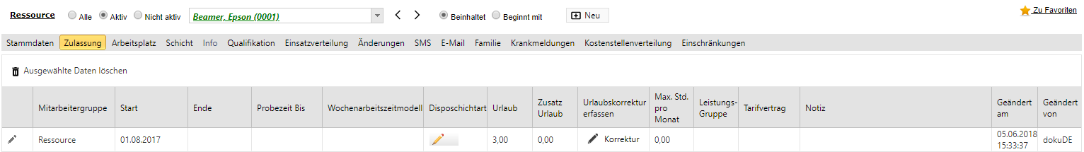 Stammdaten - Ressource - Zulassung