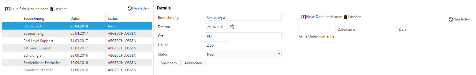 Stammdaten - Schulungsverwaltung - Neue Schulung